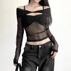 Mesh off shoulder hollow out long sleeve sheer mesh see through top
