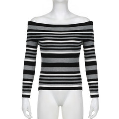 Striped contrast off shoulder long sleeve knitted top