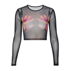 Long sleeve thermal palm print sheer mesh see through crop top