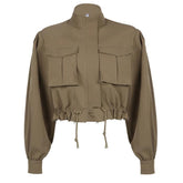 Long sleeve solid ruched drawstring high neck zip-up button pocket coat top