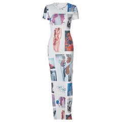 Print crewneck short sleeve slit midi dress