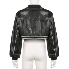 Long sleeve PU leather zip-up high neck coat top