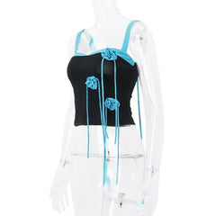 Contrast patchwork sleeveless flower applique v neck backless top