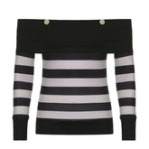 Off shoulder contrast striped button long sleeve top - Final Sale