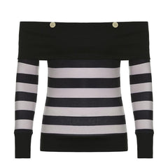 Off shoulder contrast striped button long sleeve top - Final Sale