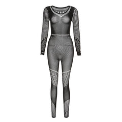 Fishnet long sleeve solid round neck hollow out jumpsuit