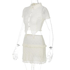 Textured button turnover collar short sleeve ruffle mini skirt set
