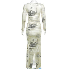 Contrast print ruched long sleeve maxi dress