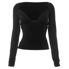 Solid v neck long sleeve hollow out top