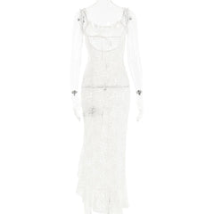 Lace see through self tie solid backless slit maxi dress