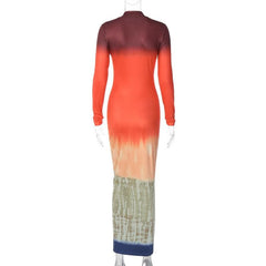 Tie dye print long sleeve high neck contrast maxi dress