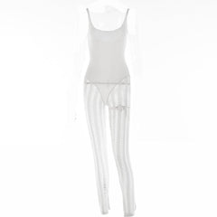 Crochet solid sleeveless hollow out backless low cut jumpsuit