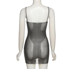 Beaded V neck sheer mesh see through mini dress