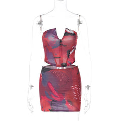 Contrast zip-up backless corset low rise mini skirt set