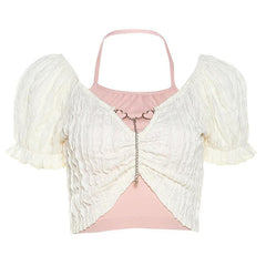 Textured metal chain puff short sleeve contrast 2 piece crop top