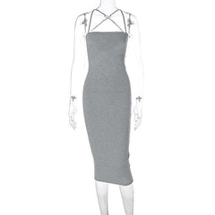 Cross back lace up self tie backless solid square neck midi dress