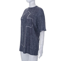 Cross pattern contrast short sleeve crewneck top