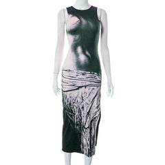 Contrast print sleeveless crewneck slit midi dress