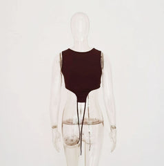 Crewneck sleeveless strappy solid self tie crop top