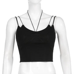 Halter solid spaghetti strap backless lace up crop top - Final Sale