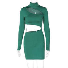 Long sleeve high neck hollow out irregular solid mini dress
