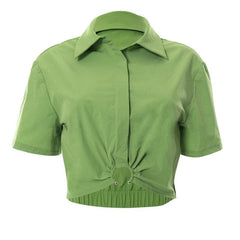 O ring solid turnover collar short sleeve ruched crop top