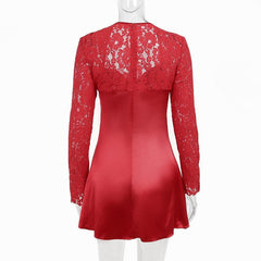 Lace zip-up long sleeve patchwork padded mini dress