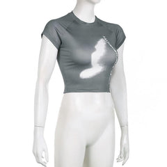 Contrast print short sleeve crewneck crop top