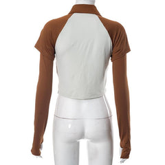 Turnover collar short sleeve button gloves contrast patchwork crop top