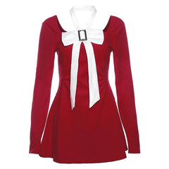 Bowknot long sleeve square neck zip-up contrast 2-way mini dress