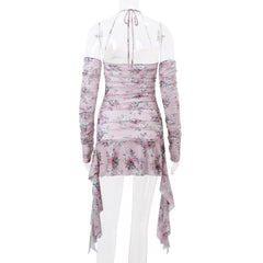 Halter hollow out lace hem flower print gloves mini dress