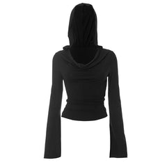 Cowl neck hoodie long flared sleeve solid 2-way top