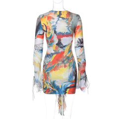 Lace up contrast flared sleeve self tie tie dye mini dress
