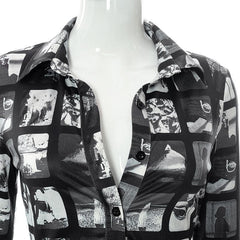 Turnover collar buttoned flared long sleeve print top