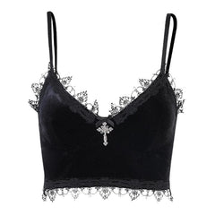 Velvet eyelash lace hem cross applique V neck crop top