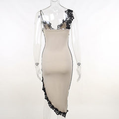 Contrast irregular v neck lace hem stitch mini dress