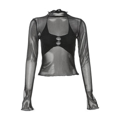 Long sleeve mesh high neck ruffle self tie solid 2 piece crop top