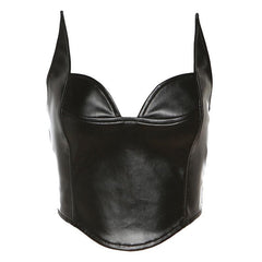 Solid PU leather zip-up v neck backless bustier tube crop top