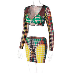 Polka dot thermal u neck contrast long sleeve zip-up mini skirt set