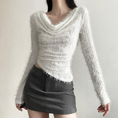 Textured cowl neck irregular solid long sleeve top