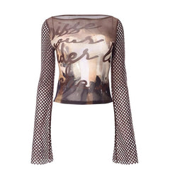 Fishnet long sleeve hollow out mesh contrast top