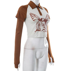 Turnover collar short sleeve button gloves contrast patchwork crop top