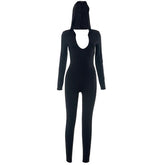 Long sleeve hoodie ruched u neck backless solid jumpsuit
