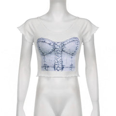 Denim pattern cap sleeve contrast u neck ruffle crop top