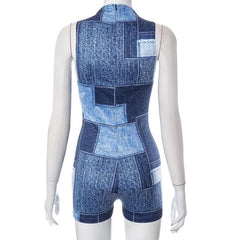 Contrast sleeveless denim print high neck romper