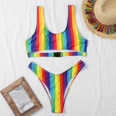 Contrast striped print button hollow out bikini swimwear