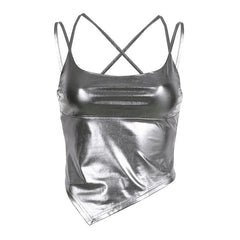 Cross back embroidery backless u neck irregular crop top