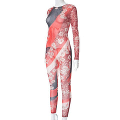 Contrast print zip-up long sleeve sheer mesh see through jumpsuit