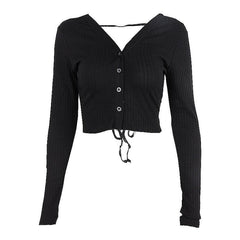 V neck button backless lace up back long sleeve crop top