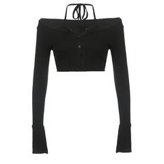 Halter self tie flared sleeve button solid 2 piece crop top